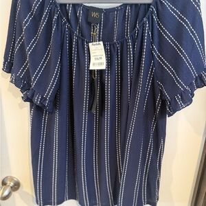 W5 Blue and White Ruffled Short Sleeve Blouse